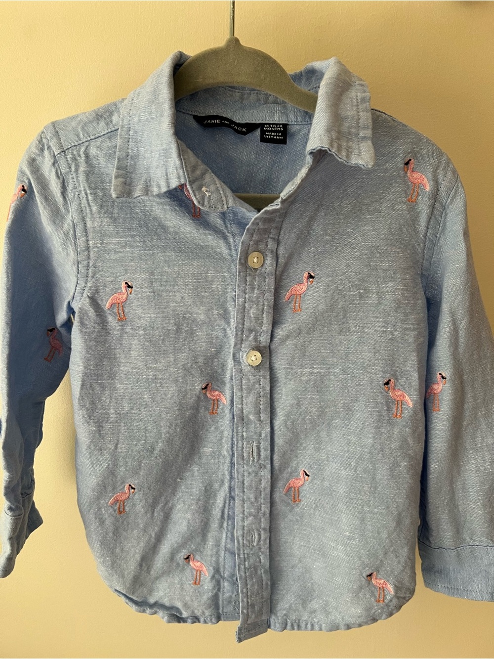 Janie and Jack Light Blue Button-Down Shirt with Pink Flamingo Embroidery